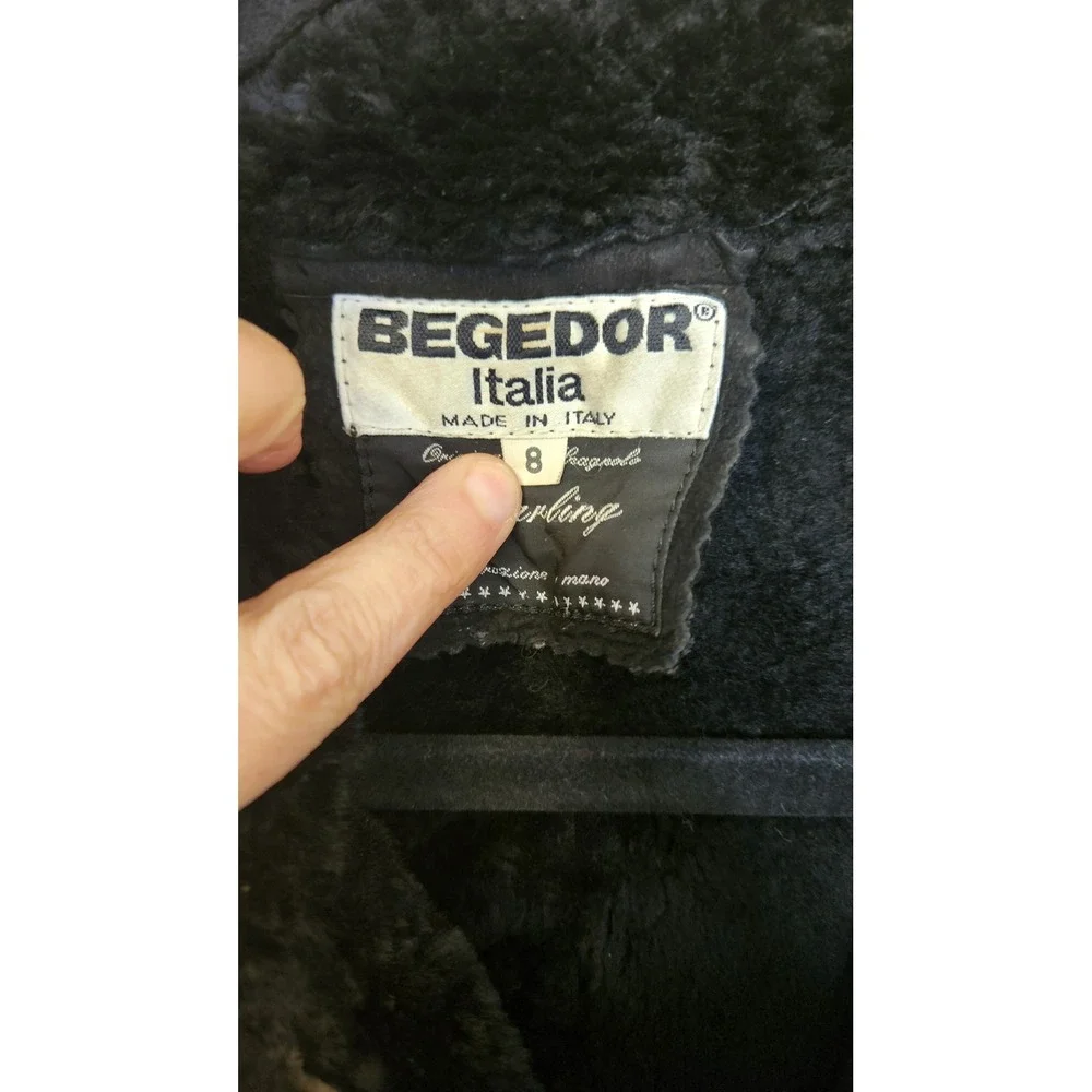 Begedor Italia Black Shearling Suede Coat Womens‎ Size 8 Double Breasted Vtg